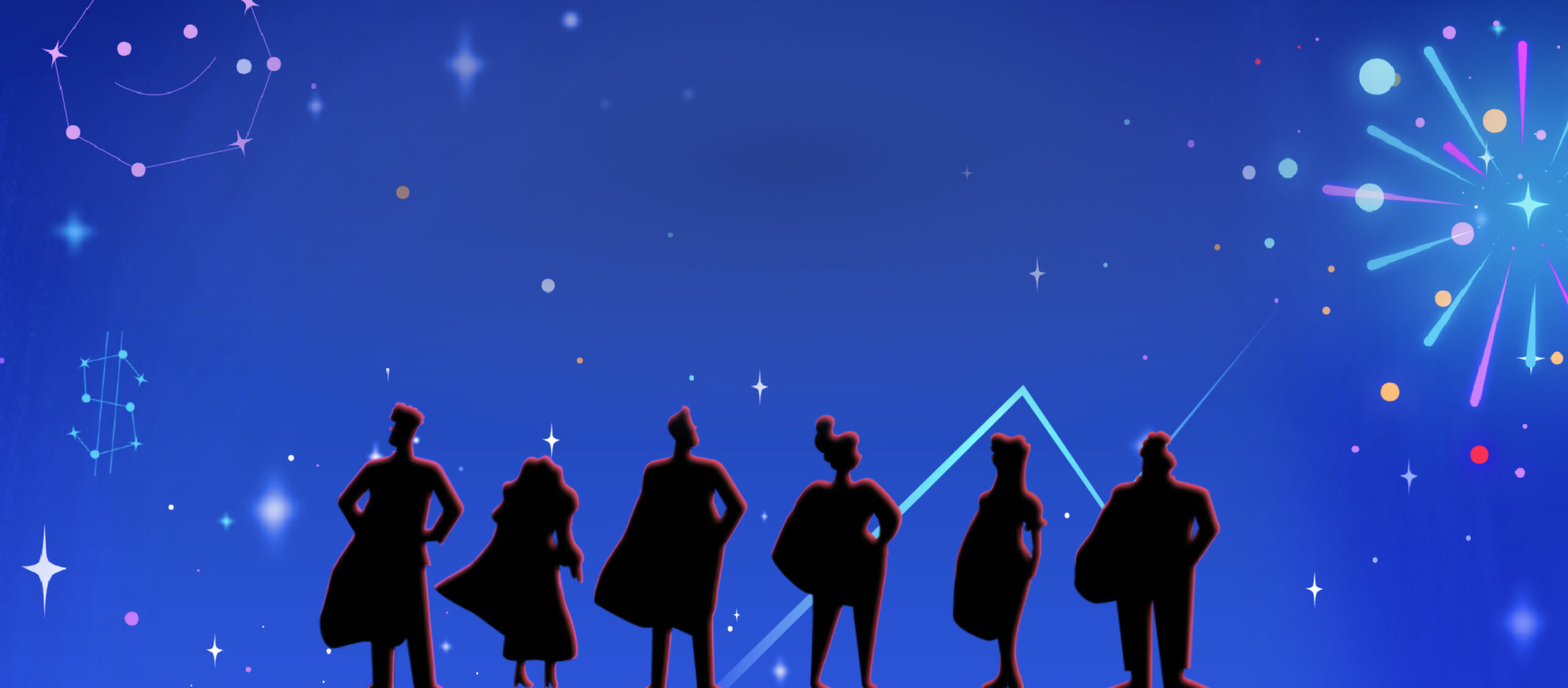 animated superhero silhouettes standing under a starry sky